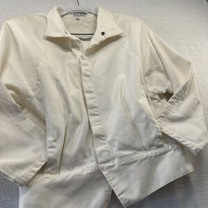 VTG ParisBlues White Denim Jean Jacket 80s Women L Snaps Shoulder Pads *flaw